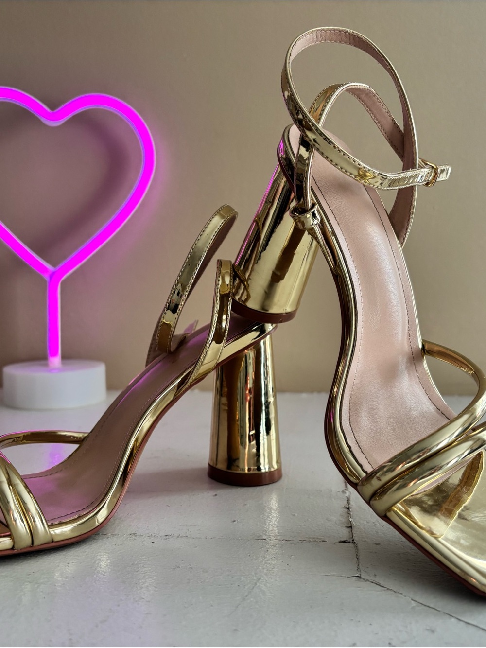 Metallic Gold Block Heel Strappy Sandals - Women's Evening Heels
